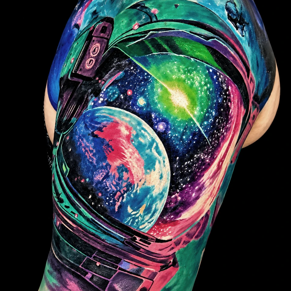 A space helmet filled with planets and stars