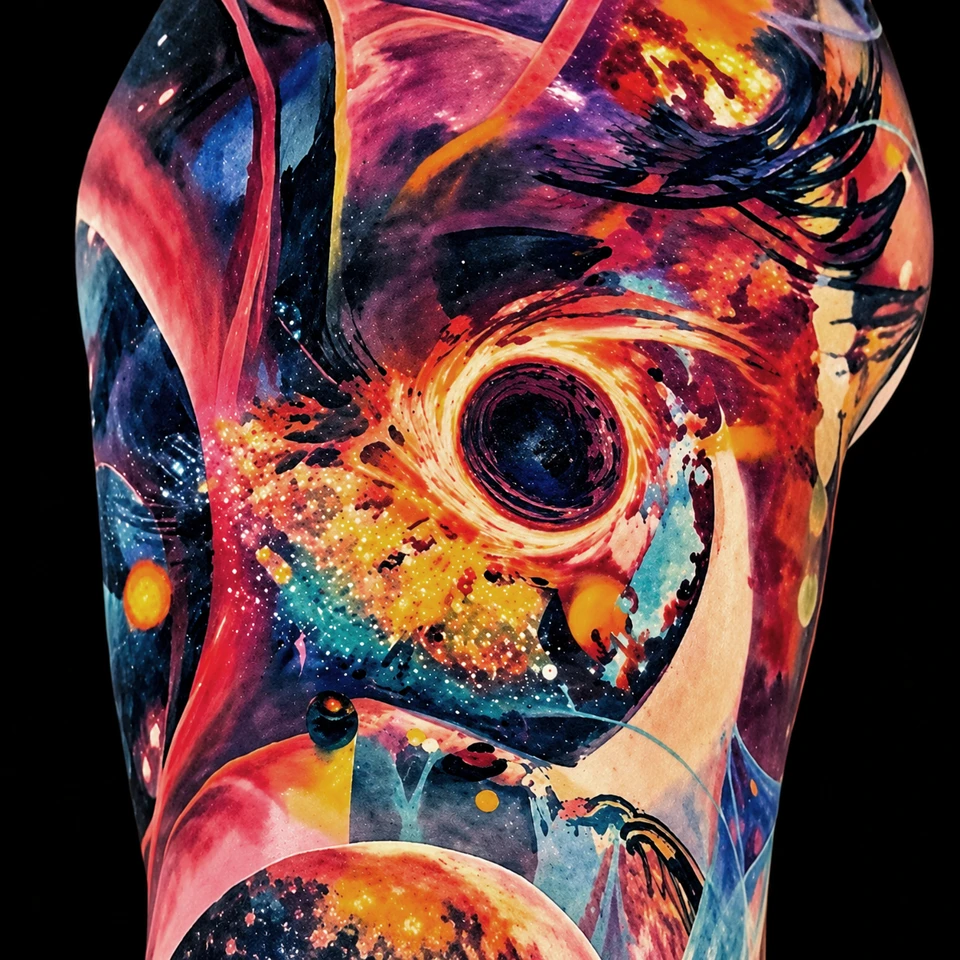An eye surrounded by flowing cosmic color