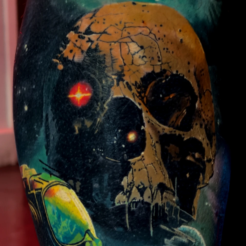 A skull and sailing ship in an atmospheric composition