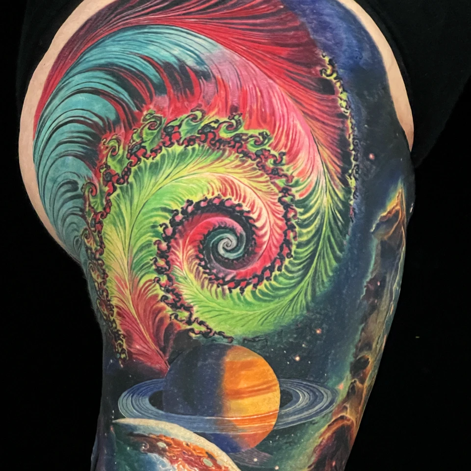 A leg composition of intricate geometry and cosmic color